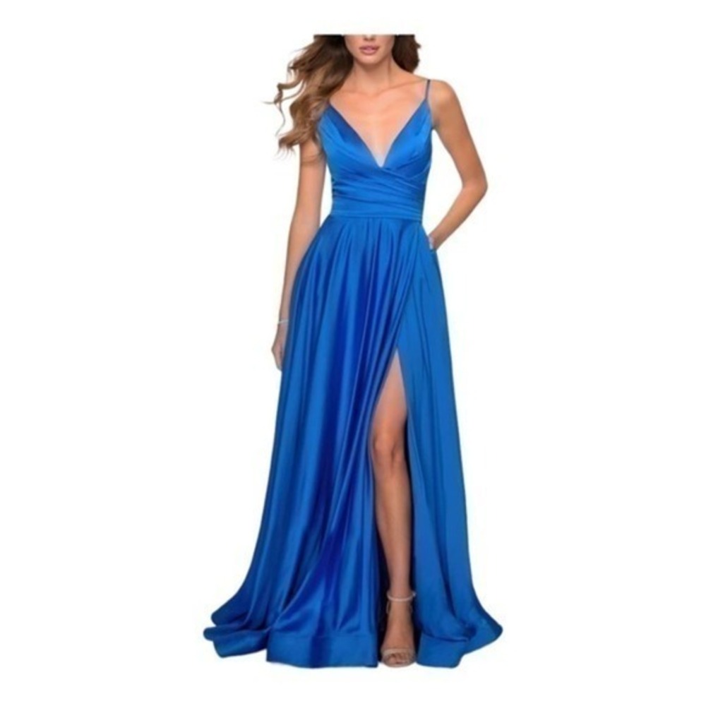 La Femme Blue Surplice V-Neck Sleeveless Formal Ball Gown Size 0 NWT